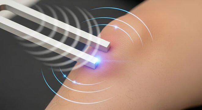 Tuning fork vibrating near human arm generating blue light waves