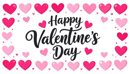 A festive design features the phrase "Happy Valentine's Day" in elegant script, surrounded by a border of red and pink hearts