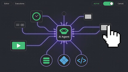 Visual programming interface demonstrating an active artificial intelligence agent workflow connecting various digital tasks and outputs on a dark screen