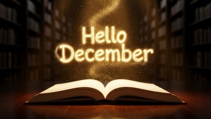 Hello December Glowing Text Over Open Book in Dark Library.