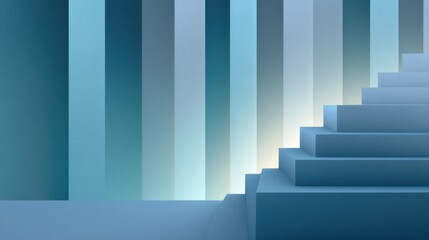 Abstract geometric composition featuring gradient blue tones, layered blocks, and luminous background creating a modern artistic visual effect