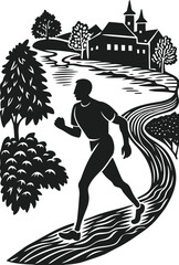 A silhouette illustration of a man jogging along a winding path in a scenic countryside setting