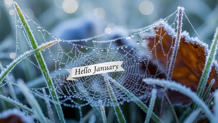 Hello January message on frosty spiderweb with dew drops and autumn leaf in winter.