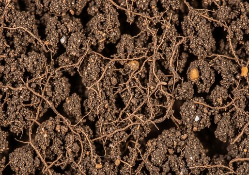 A textured agricultural revealing rough soil macro pattern with clod aggregates, micro-root filaments, mineral flecks, moisture pockets under soft natural side lighting to emphasize topology and grain
