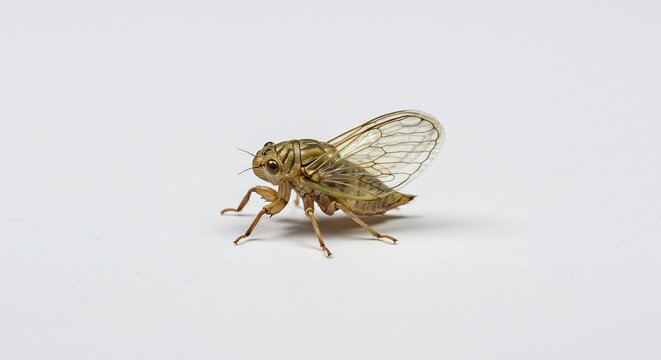 Delicate brown winged insect resting on a pure white surface under soft clear studio lighting. AI Generated