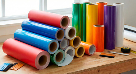 Colecci&oacute;n de rollos de vinilo adhesivo de colores brillantes apilados en una mesa de trabajo de madera con herramientas de aplicaci&oacute;n, esp&aacute;tulas y cutter para rotulaci&oacute;n y manualidades. Surtido de rol