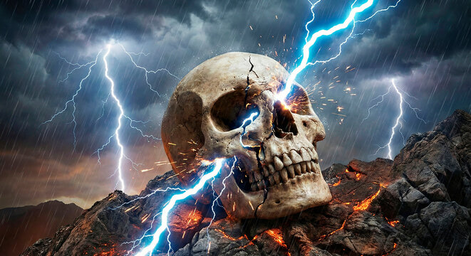 Cr&aacute;neo humano impactado por un potente rayo azul durante una tormenta el&eacute;ctrica dram&aacute;tica sobre rocas.