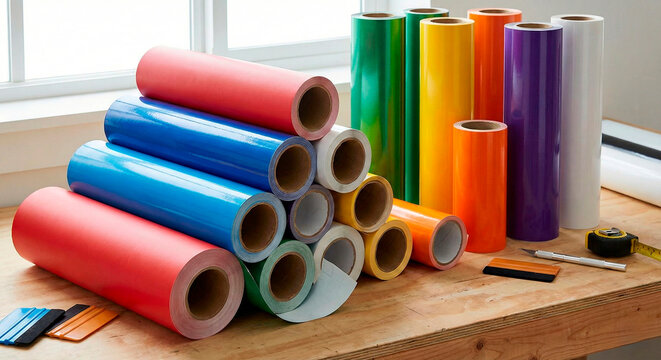 Colecci&oacute;n de rollos de vinilo adhesivo de colores brillantes apilados en una mesa de trabajo de madera con herramientas de aplicaci&oacute;n, esp&aacute;tulas y cutter para rotulaci&oacute;n y manualidades. Surtido de rol