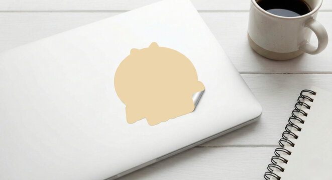 Mockup de pegatina adhesiva beige en blanco pel&aacute;ndose sobre la tapa de un ordenador port&aacute;til en un escritorio de madera blanca con caf&eacute;. Plantilla de mockup de sticker vac&iacute;o en laptop para dise&ntilde;o de m