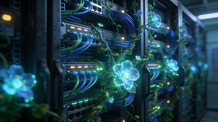 Inside a data center server rack, cables and LEDs transform into luminous vines and flowers, a digital jungle.
