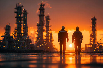 Fototapeta premium Workers wearing hard hats walk through the industrial area of the factory against the backdrop of the sunset. For topics related to industry, construction, energy, and working professions.