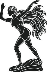 Stylized black silhouette illustration of a dynamic female figure running on a cresting wave