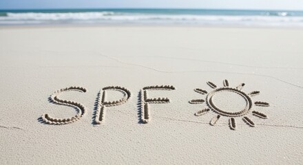 Beach Sand Displaying SPF Word and Sun Illustration &mdash; UV care and vacation theme