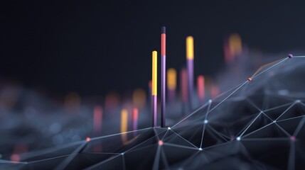 Abstract 3D Render of Colorful Data Visualization on a Dark Background with Geometric Lines and Vertical Bars Representing Growth and Trends
