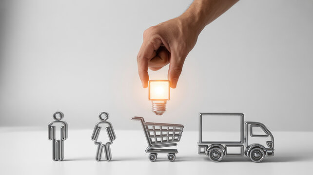 Wireframe Icons of Consumer Journey with Glowing Light Bulb Representing Innovation in Shopping and Delivery - Powered by Adobe