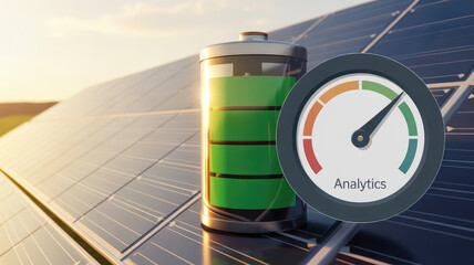 Solar Panel Array with Battery Icon and Analytics Gauge Indicating High Performance in Renewable Energy System