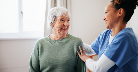 Obraz premium Caregiver, smile and old woman in house with support, trust and empathy in assisted living. Happiness, respect and nurse in home with elderly patient, compassion and help in retirement care.