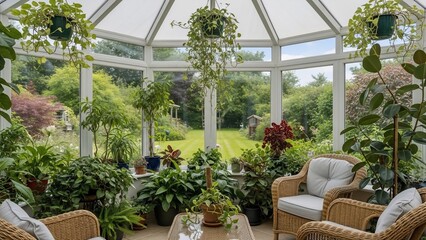 Lush Conservatory Filled with Abundant Green Plants and Comfortable Seating.