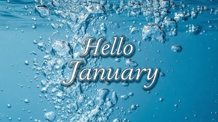 Hello January text in water with bubbles, a refreshing start to the new year.