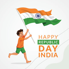 Happy republic day india celebration with boy waving indian flag