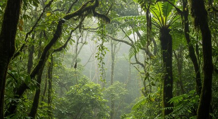 Fototapeta premium Sunlight gently pierces the dense vibrant canopy of a tropical rainforest revealing lush green foliage and misty depths. AI Generated