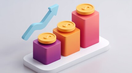 Colorful 3D Bar Graph with Coins Represents Financial Growth, Investment Success, and Economic Progress in Modern Business Visualization