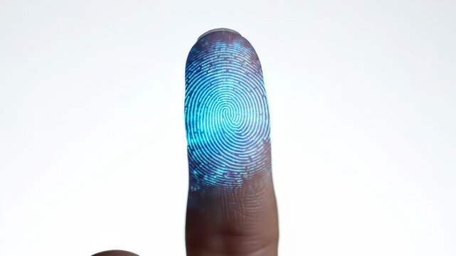 Closeup of human finger with digital fingerprint pattern displayed in blue color
