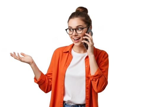 Young woman with glasses talking on the phone, gesturing with her hand, isolated on transparent background - Powered by Adobe