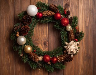 A festive holiday wreath, circular, resting on a wooden background. It includes pine cones and colorful ornaments for decoration