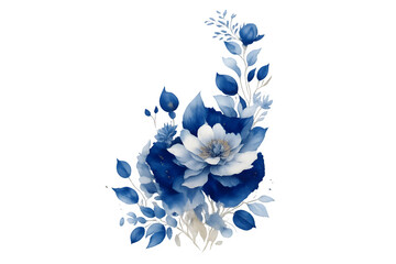 Indigo blue and white watercolor floral bouquet illustration with golden shimmer on black background, elegant decorative design element.