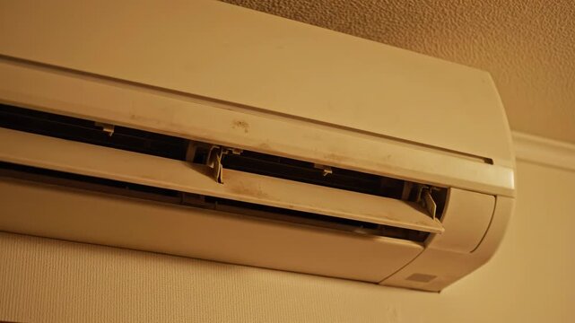 Closeup of a beige wallmounted split air conditioning unit on a textured wall