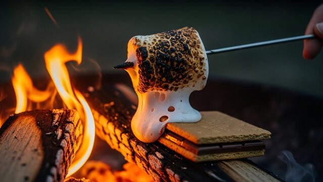 Toasted Marshmallow Smore Being Cooked Over a Campfire. - Powered by Adobe
