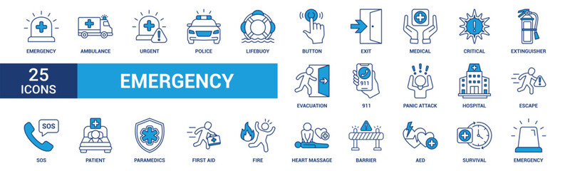 Emergency icon set. Containing ambulance, lifebuoy, first aid, police, medical, emergency exit, hospital and SOS icons. Blue icon collection.