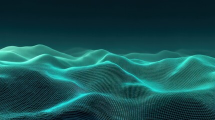 Abstract representation of a digital landscape featuring flowing waves in a serene turquoise color scheme against a dark gradient background
