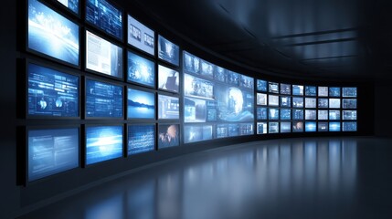 High-tech media room with multiple screens displaying data visualizations and digital interfaces in a futuristic environment