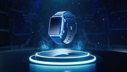 Futuristic Glowing Smartwatch on a Platform with Abstract Blue Background. Ai Generated Images