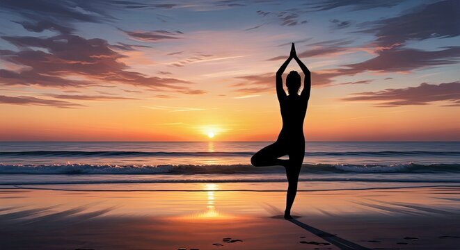 Woman Doing Yoga Pose on Beach at Sunset Orange Sky.jpg - Powered by Adobe