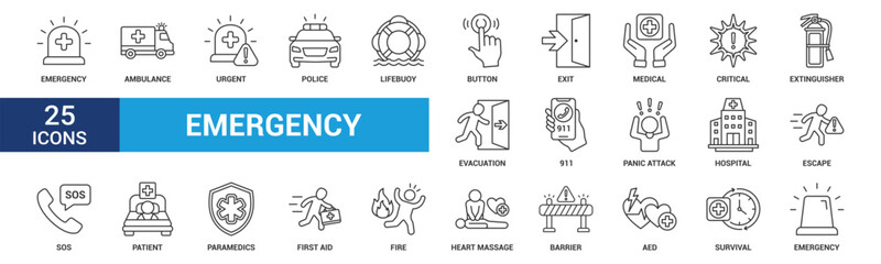 Emergency icon set. Containing ambulance, lifebuoy, first aid, police, medical, emergency exit, hospital and SOS icons. Outline icon collection.