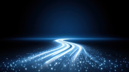 Ethereal Glow of Blue Light Trails in a Dark Space Creating a Mystical Pathway with Glimmering Stars and Deep Background for Abstract Themes