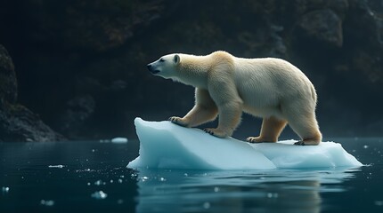 Polar bear standing on a small floe of melting ice in the Arctic, symbolizing climate change and environmental vulnerability.