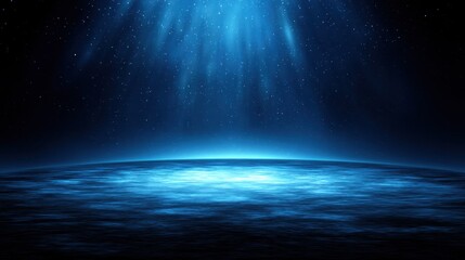 Ethereal Blue Light Over Water Surface with Starry Sky in Background Creating a Tranquil and Serene Atmosphere for Relaxation and Reflection