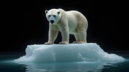 Majestic polar bear standing on floating ice against a stark black background, symbolizing climate change and isolation.