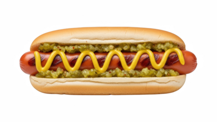 A hot dog in a bun with mustard and relish squiggles, perfectly centered and isolated on a pure white background for a classic graphic.