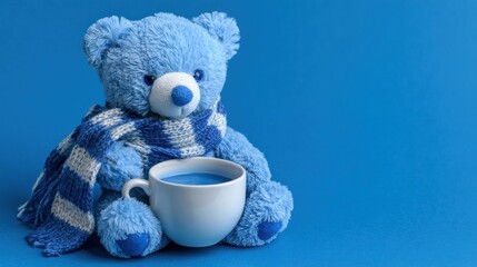 Blue teddy bear with striped scarf holding a white mug with blue liquid
