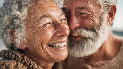 A joyful senior couple shares a close moment, smiling at each other. The woman has curly gray hair and the man has a full beard. They exude happiness and warmth.