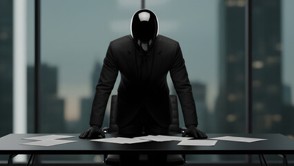 Mysterious masked businessman standing at office desk with papers, cityscape background, anonymous corporate figure.