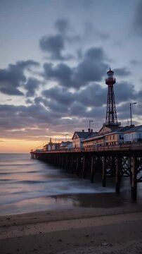 Mesmerizing time lapse video of Blackpool Central Pier at sunset under a cloudy sky