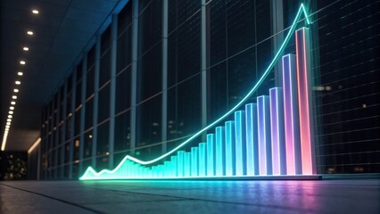 A vibrant, neon-lit graph showcases an upward trend, set against a modern glass backdrop, symbolizing growth and success in a digital environment.