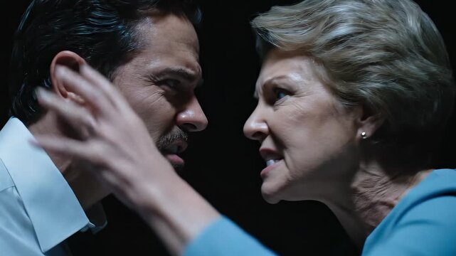 Two strong characters engage in a fierce argument in a dimly lit space. Their expressions reflect tension and passion as they confront each other intensely