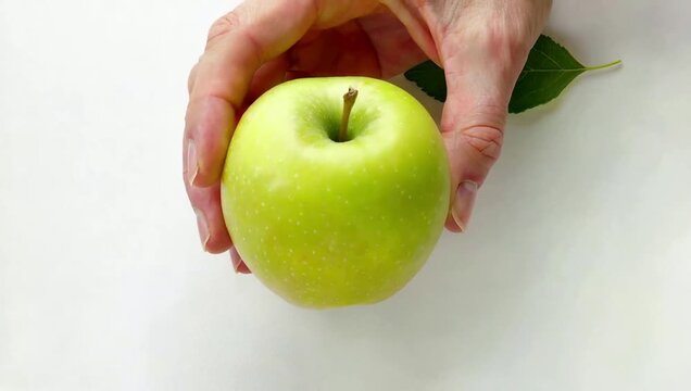 Hand holding green apple on white surface